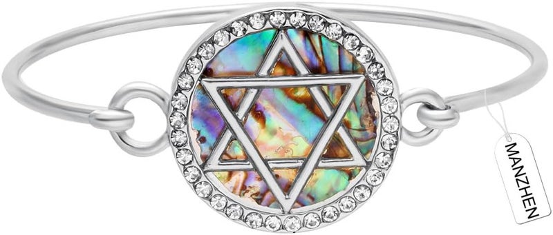 MANZHEN Jewish Charm Star of David Abalone Shell Wire Openable Crystal Bangle Bracelet - Image 1